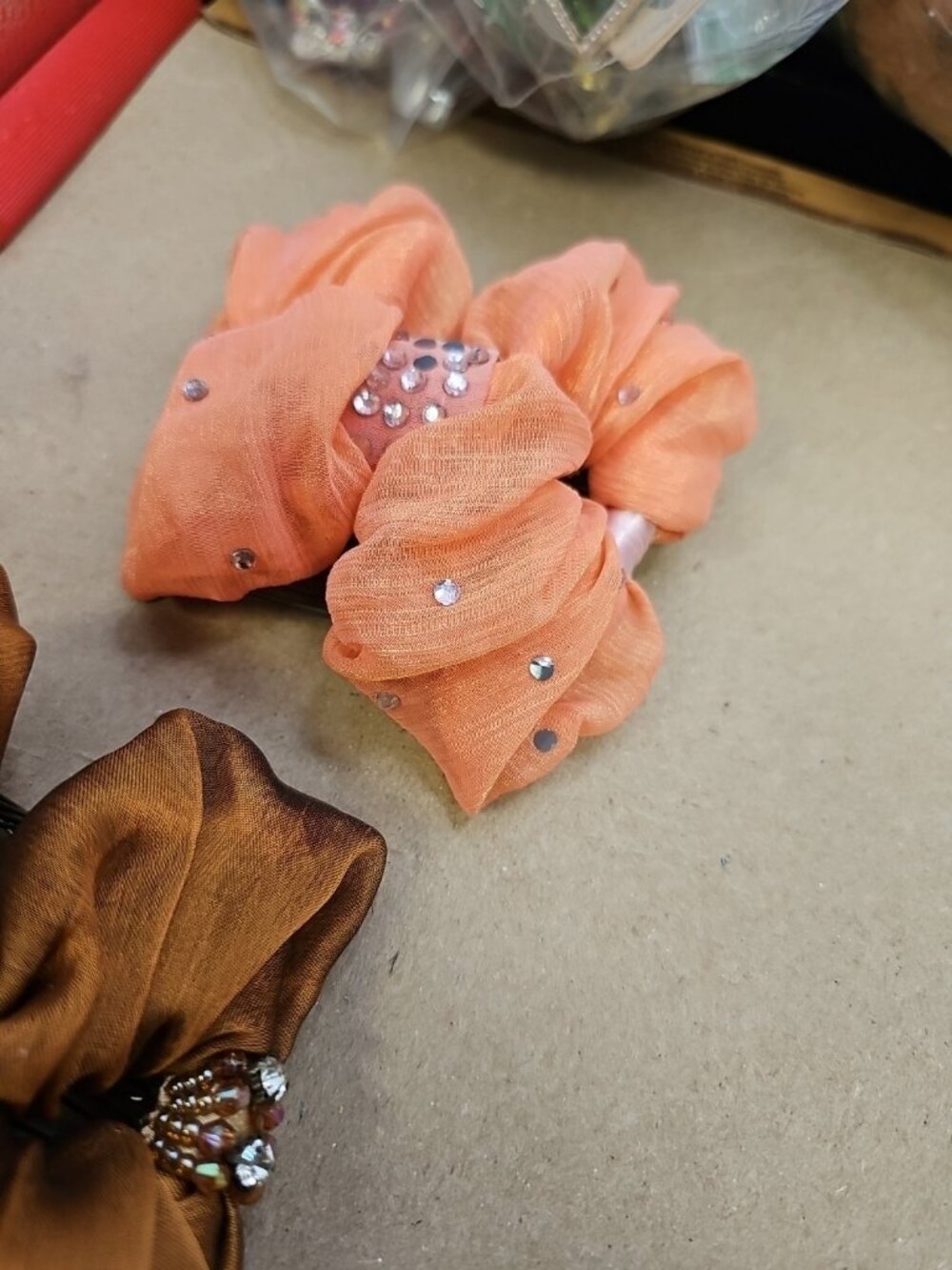 Hair Bows Brown & Peach Seed Beads Crystals Lot Of 2